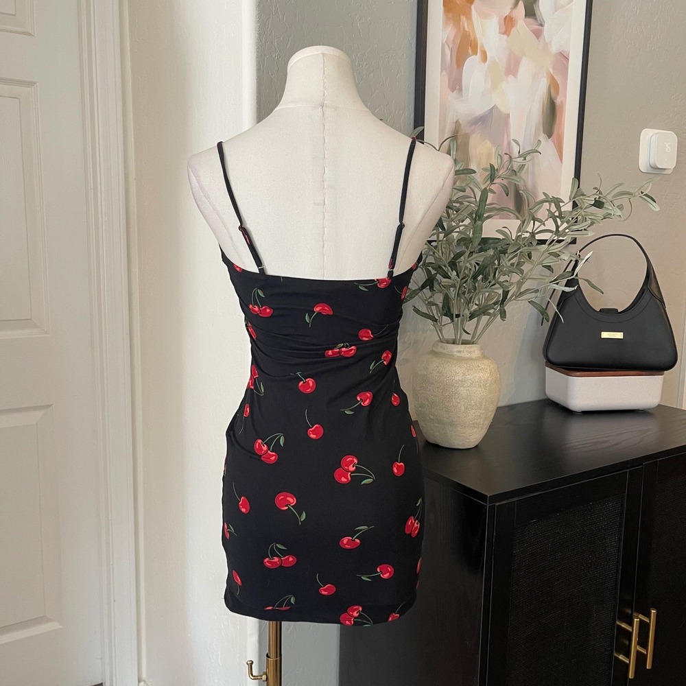 Cherry Mini Dress Womens Small Black Print Bodycon Y2K Strappy - Picture 3 of 4